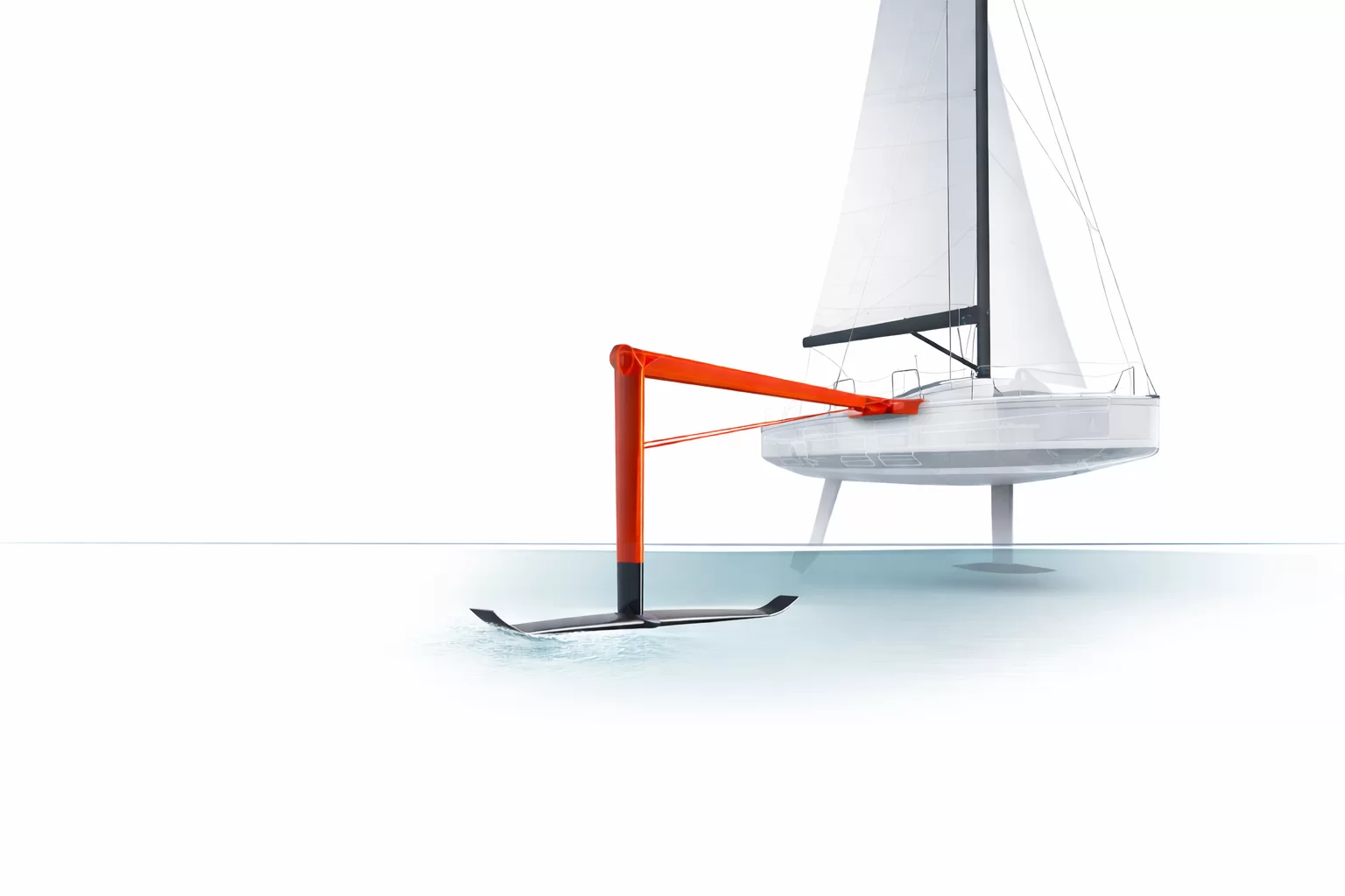 Render 3D del sistema di foiling CAFAR su uno yacht a vela